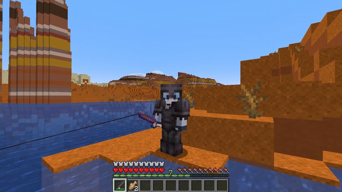 Fishing using an enchanted fishing rod in Minecraft.