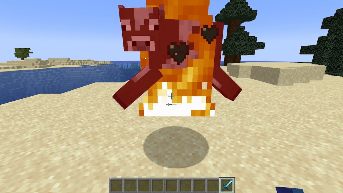 Fighting a cow with a Diamond Sword enchanted with Fire Aspect and Looting.