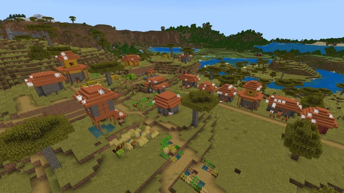 A Zombified Savanna Village near a Pillager Outpost and a ruined Nether portal in Minecraft