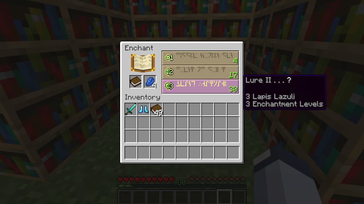 Crafting an Enchanted Book using a regular book, a piece of lapis lazuli, and an Enchanting Table.
