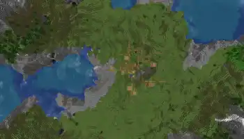 A Minecraft Plains Village with a ravine in the center next to a mountain and a cove with a Coral Reef