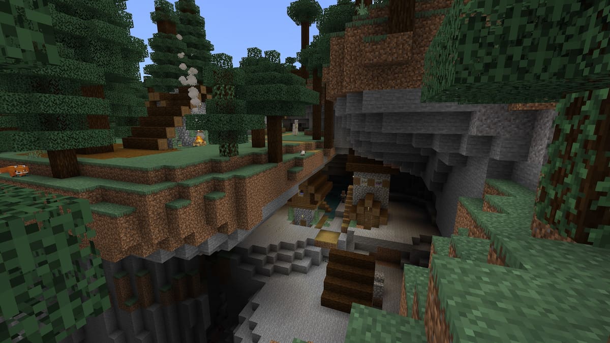 A Taiga Village that has halfway generated inside of a cave in Minecraft