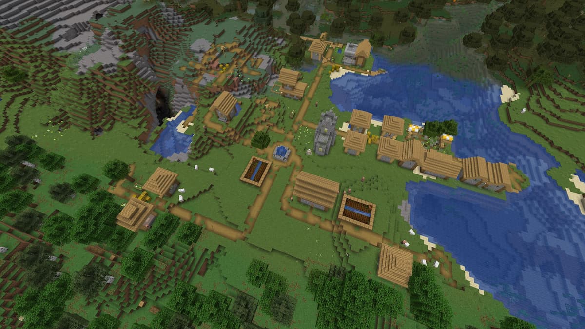 A Minecraft Plains Village with a Blacksmith next to a Dripstone Cave