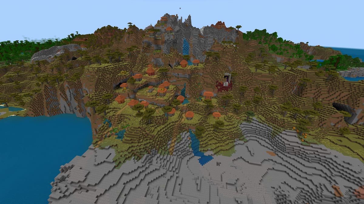 A large Minecraft Savanna Village on the side of a hill with a ruined Nether portal